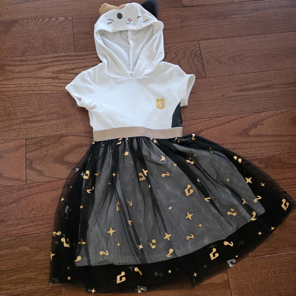 Squishmallows White and Black Cat Hoodie Dress with Gold Accents